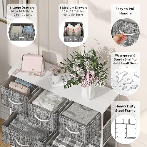 Miniatura 3 de Cómoda de tela con 9 cajones para dormitorio, armario, pasillo, guardería, organizador de pecho con cubos de tela, mango fácil de tirar, marco de