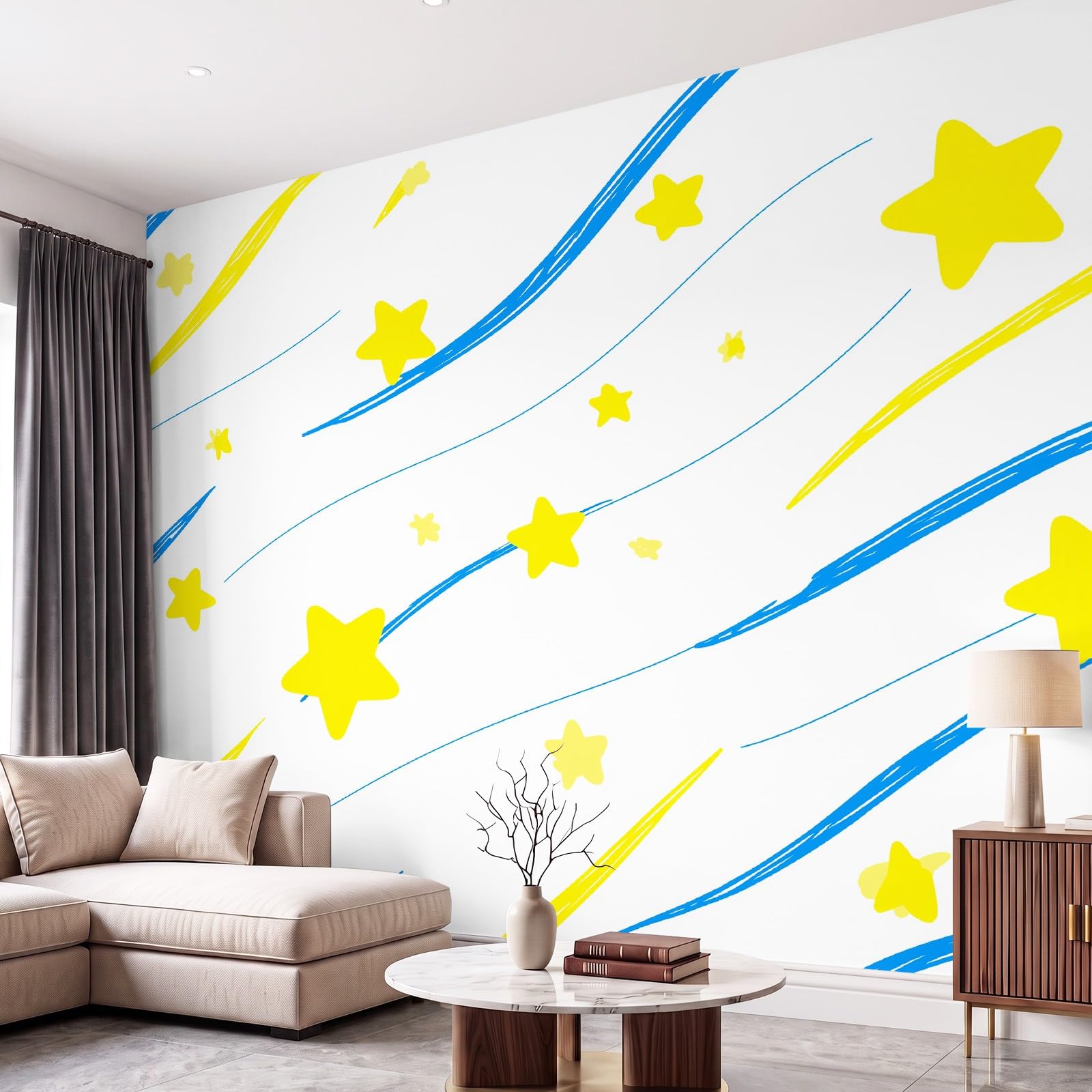 Tapeta mural panoramiczny 200 x 140 cm, minimalna dziecięca, jasna fototapeta do pokoju dziecięcego, pokoju gier, gwiazdy, niebieskie linie, prosta włóknina, okrycie pokoju, dekoracja, biała