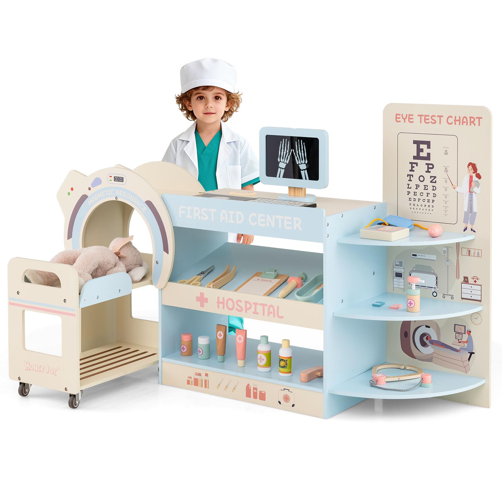 COSTWAY Holz Doktor Spielset, Krankenhaus Rollenspiel mit Sehtafel, Stethoskop, CT-Gerät, austauschbaren Filmen & medizinischen Zubehör, Arzt Set, Medizinisches Zentrum für Kinder ab 3 Jahren (Blau)