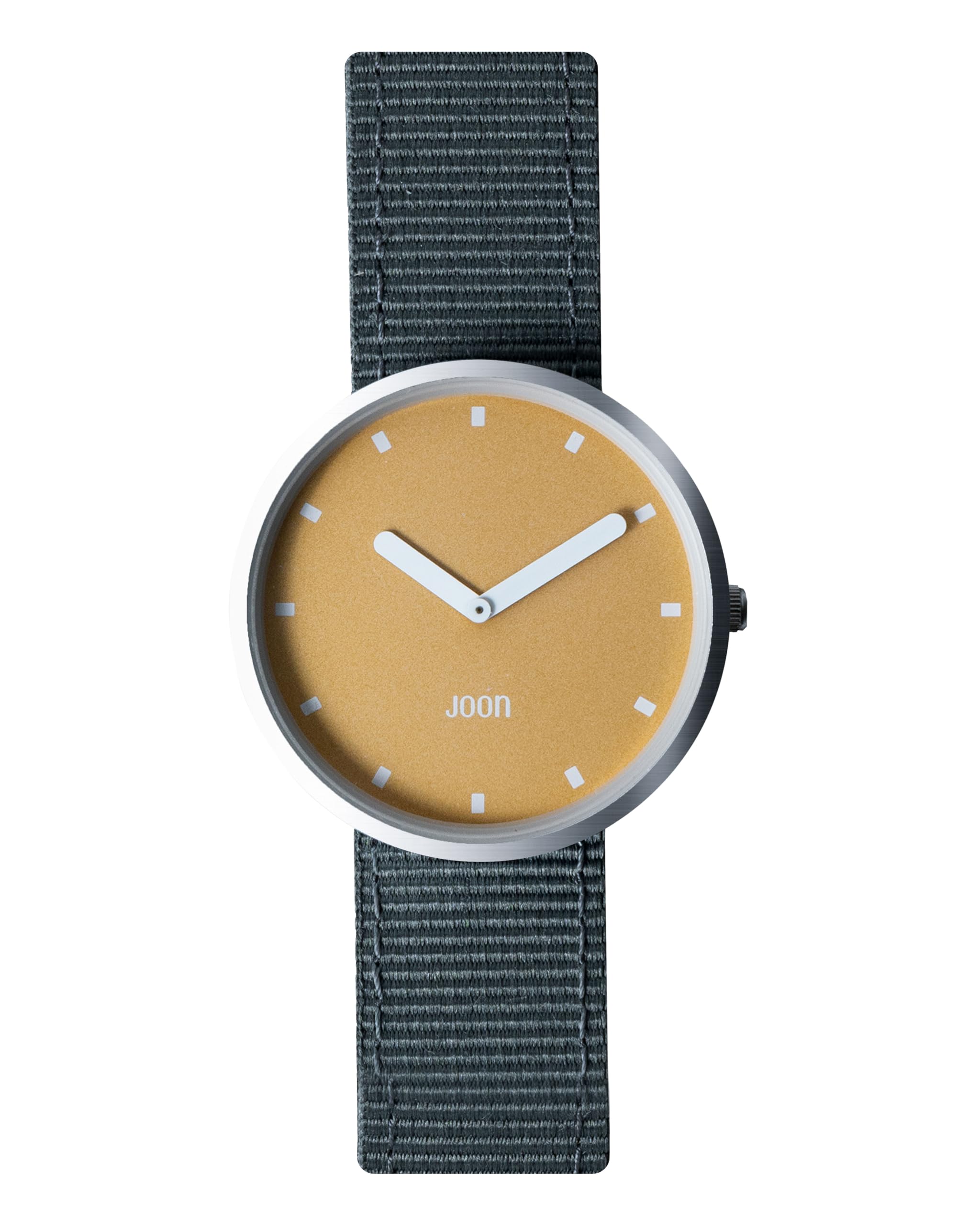 JOON Wrist Watch Sunny Side - Matte Steel Silver Bezel with Apricot Yellow Dial and Thunder Grey Nylon Strap, Japanese Quartz Movement, Unisex Urban Watch