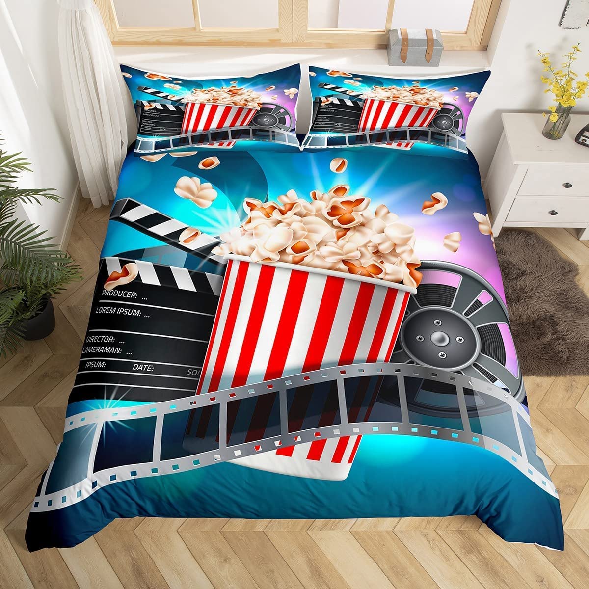 richhomeMovie Time Single Size Duvet Cover Cartoon Popcorn Casual Snacks Bedding Set 2pcs for Kids Teens Adult Chic Cinema Filmstrip Blue Comforter Cover Soft Quilt Cover Bedroom Decor Bedspread