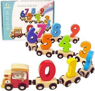 WOODENFUN Number Train Set for 1 2 3 Year Olds, Educational Toy Cars for Toddlers, Montessori Learning Toys for Boys and Girls (Red)