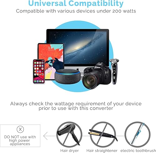 Miniatura 3 de K KRIËGER Adaptador de viaje universal, transformador reductor de 200 vatios de capacidad, adaptador de corriente internacional con 4 puertos USB 6A