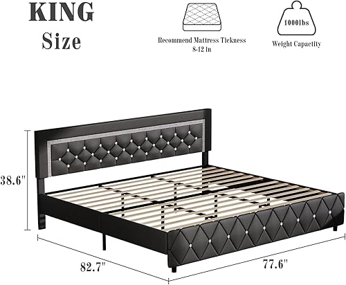 Miniatura 66 de BarnFurin - Base de cama matrimonial con cabecera capitoné, plataforma tapizada con diseño de diamante, base de colchón, soporte de listones de