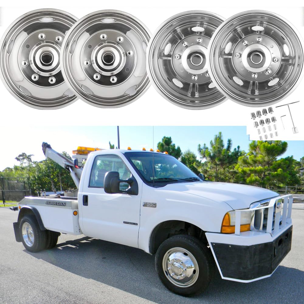 Puermto 4pcs 19.5 Protective Polished Stainless Steel Dually Wheel Simulators, Waterproof Replacements Bolt On Wheel Cover Center Cap, 8 Lug Hubcap Fit for Ford 1999-2002 F450 F550 W/Install Tool