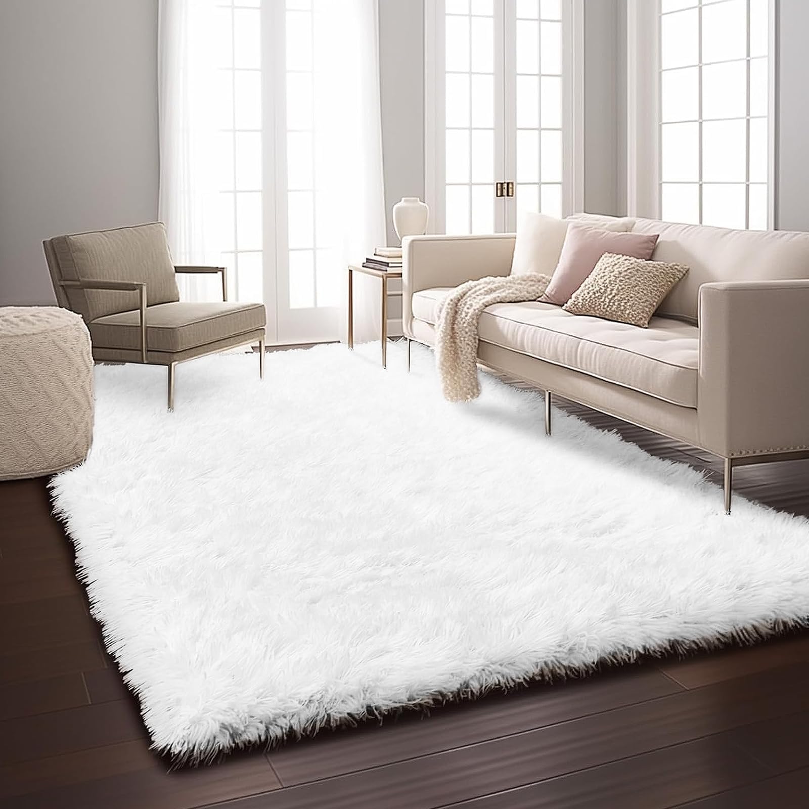 INFOSUN Area Rugs, Living Room Fluffy Rug, Lndoor Large Area Rug Shag Shaggy Carpet Soft Plush Furry Bedside Rug, Machine Washable Area Rugs for Kids Home Decor Anti Slip (White,140 x 200 cm)