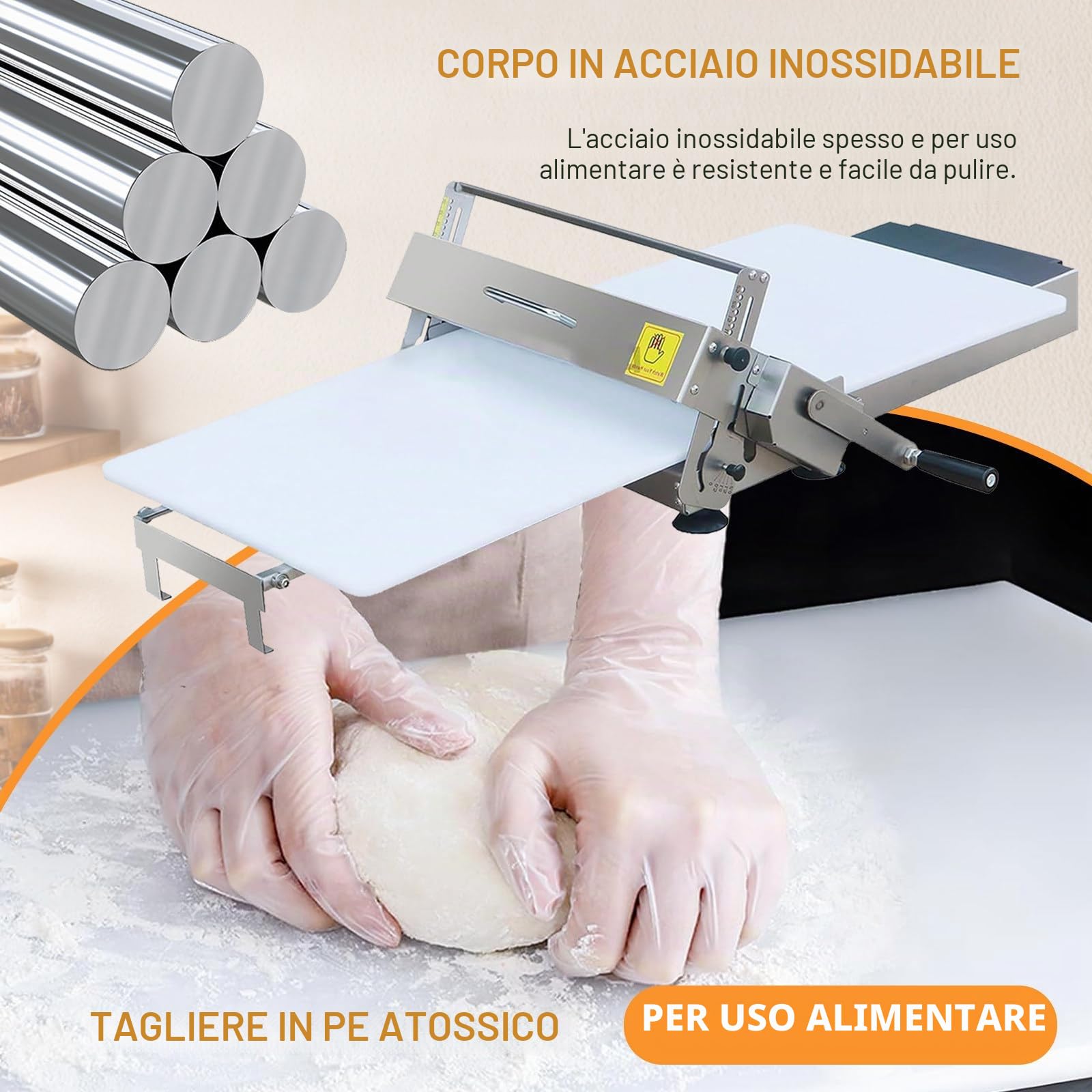 Sfogliatrice per Pasticceria e Pizza – Macchina Manuale in Acciaio Inox con Regolabile 0-25 mm, Design Pieghevole da Banco, Perfetta Come Sfogliatrice per Impasto 300-Model