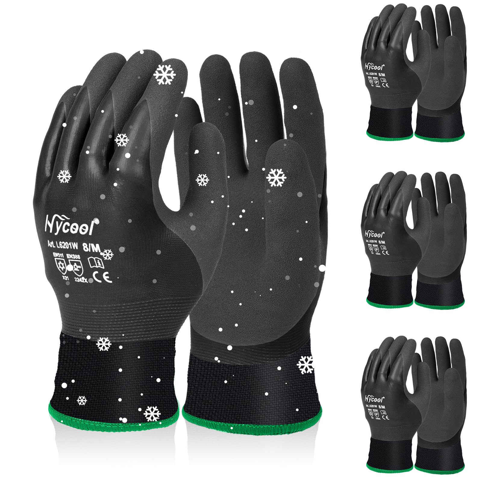 Gants de travail d'hiver imperméables thermiques chauds Gants de montage Grip Gants de travail d'hiver Travail Double couche Nylon Gants isolés Noir (3, L)