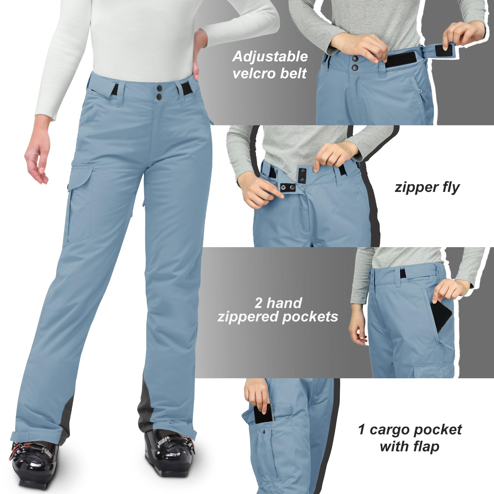 Pantalon de ski 33,000ft pour femme - Imperméable - Coupe-vent - Chaud - Doublure thermique - Pantalon de randonnée - Hiver - Ski - Noir