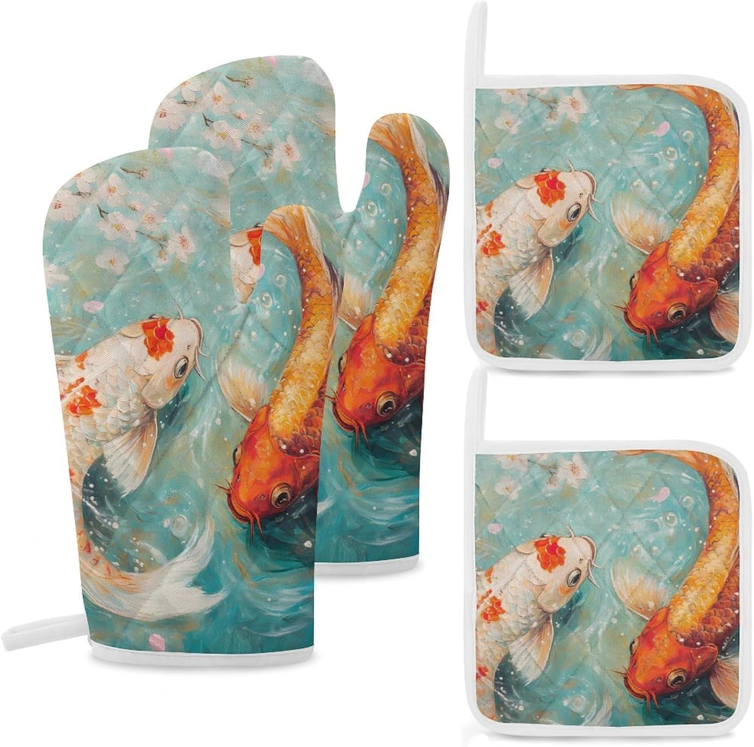 Japanese Fish Cherry Flowers Oven Mitts and Pot Holders 4Pcs Set Heat Resistant Cooking Mitts Hot Pads