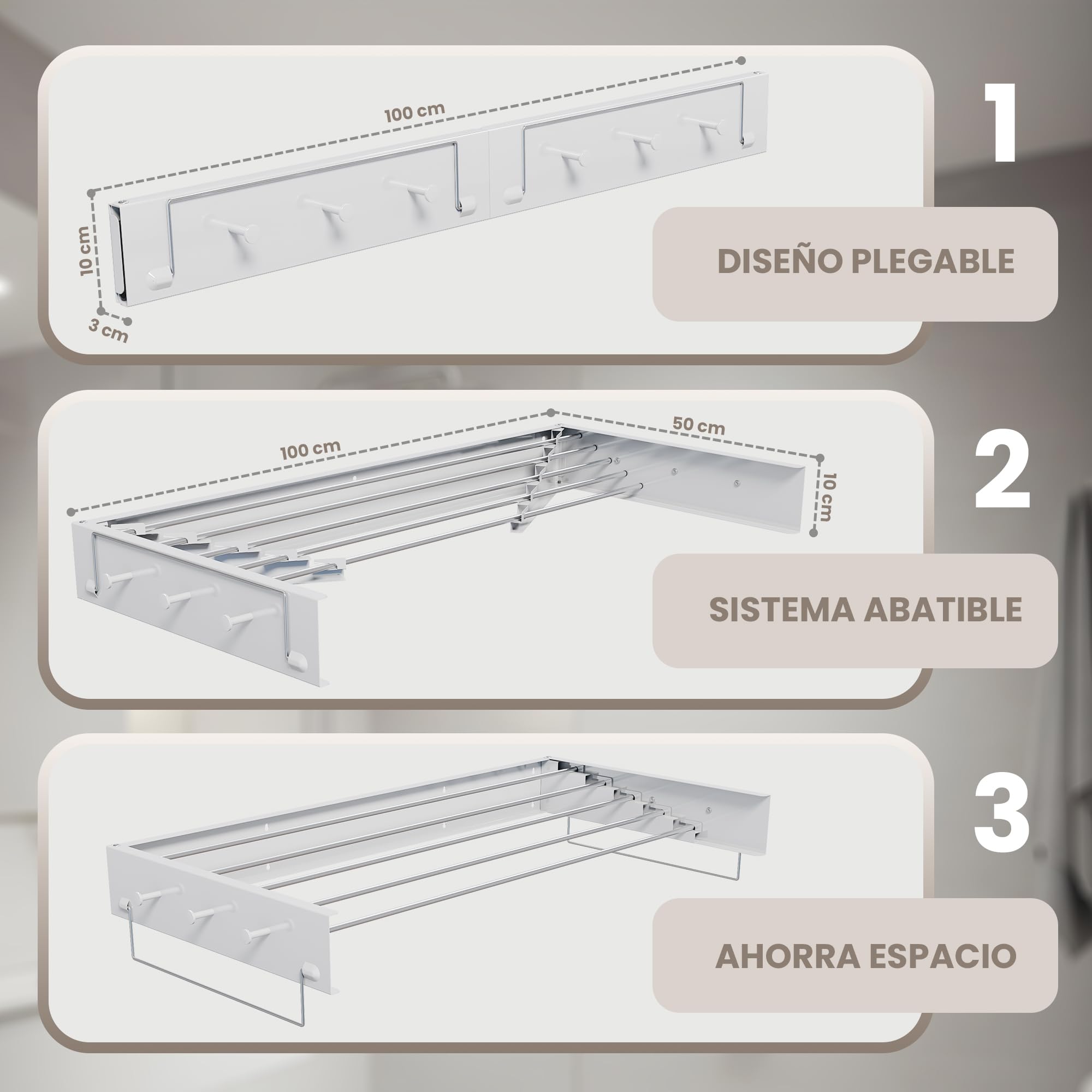 Tendedero Pared Plegable Extensible 100 Cm Aluminio Blanco Resistente Anticorrosión Para Baño Lavadero Balcón Con 5 Varillas 6 Ganchos 2 Soportes Colgantes Ahorra Espacio Secado Eficiente (grande)