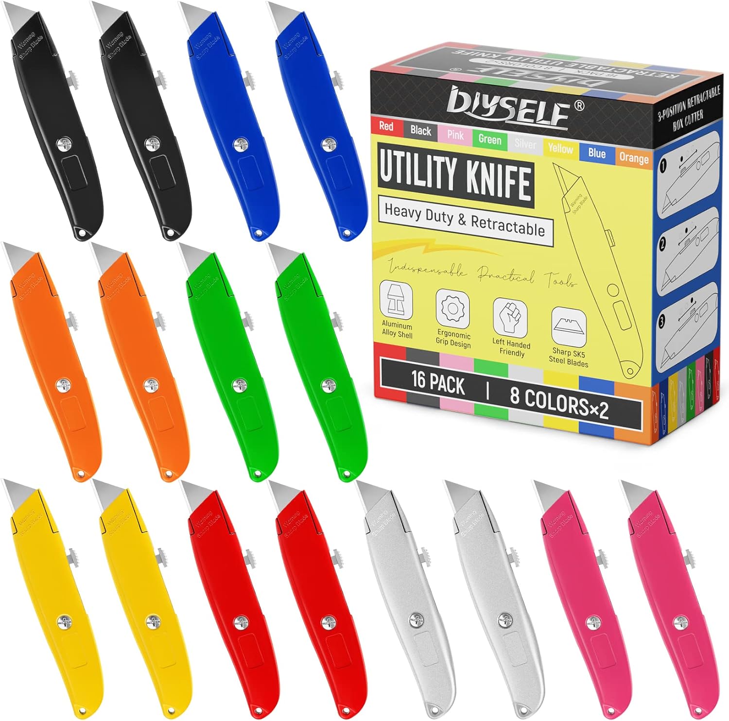 DIYSELF 16 Pack Box Cutters Utility Knife Box Cutter Retractable