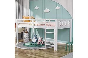 JOYMOR Twin Loft Bed Frame for Little Kids/Small Rooms/Low Ceilings w/Guardrail + Ladder