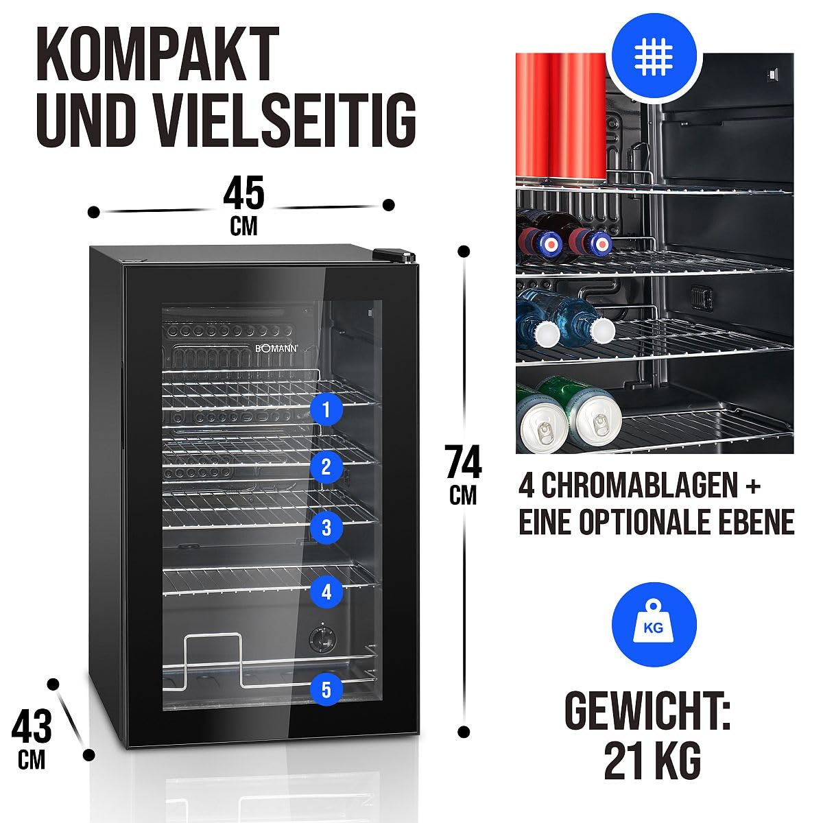 Bomann KSG 7287 Getränkekühlschrank 63 Liter stufenlos regelbar 3-10°C Glastür LED-Beleuchtung leise energieeffizient