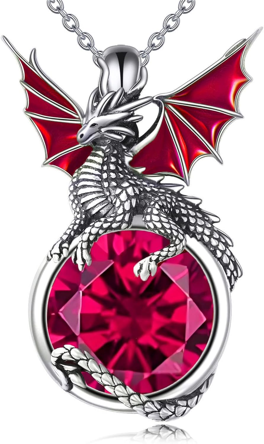 Birthstone Dragon Necklace Sterling Silver Dragons Pendant Animal Jewelry Birthday Gifts for Women Men