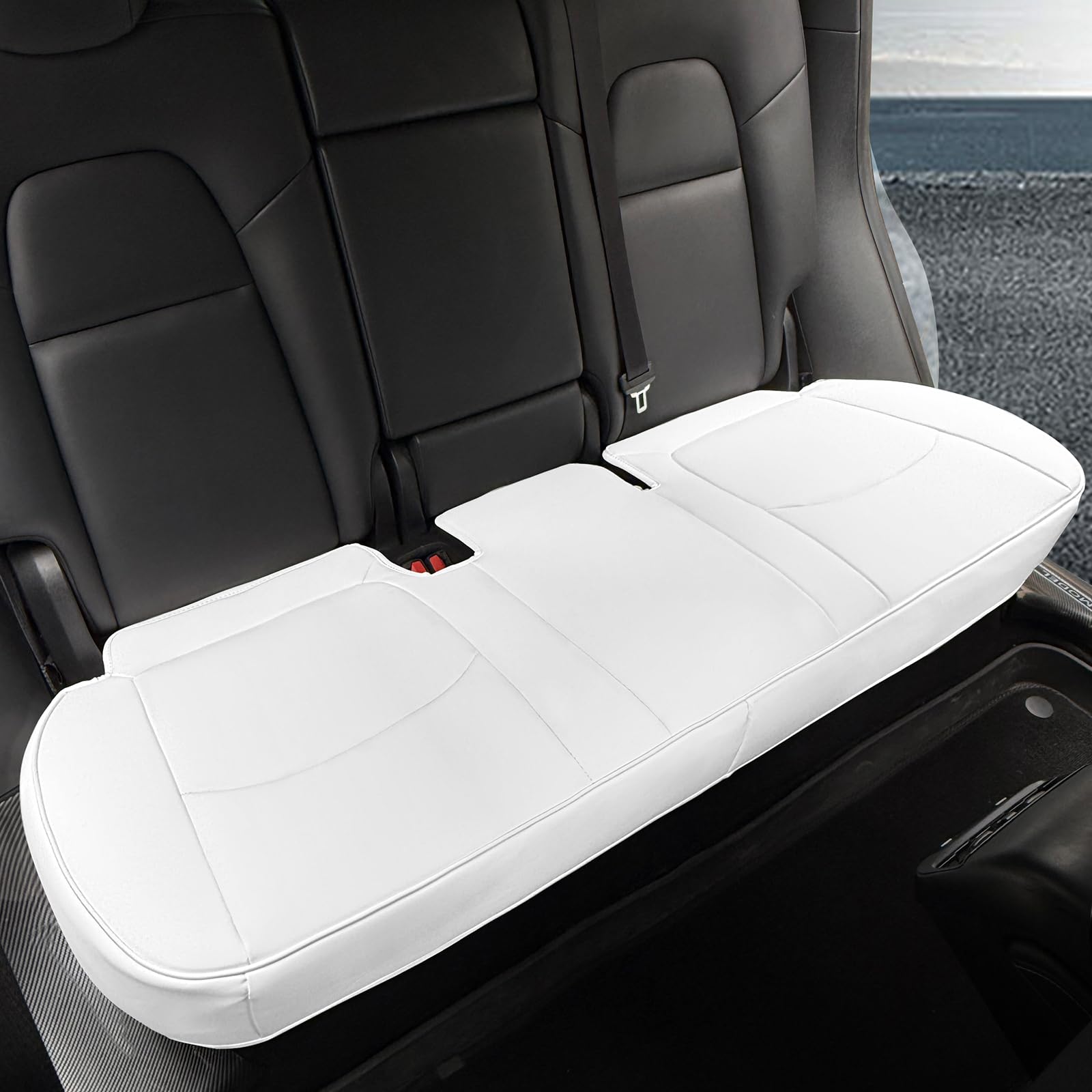 Tesla Model Y Rear Seat Bottom Cover - Luxury Nappa Leather Protector For 2020-2024 Models (White)