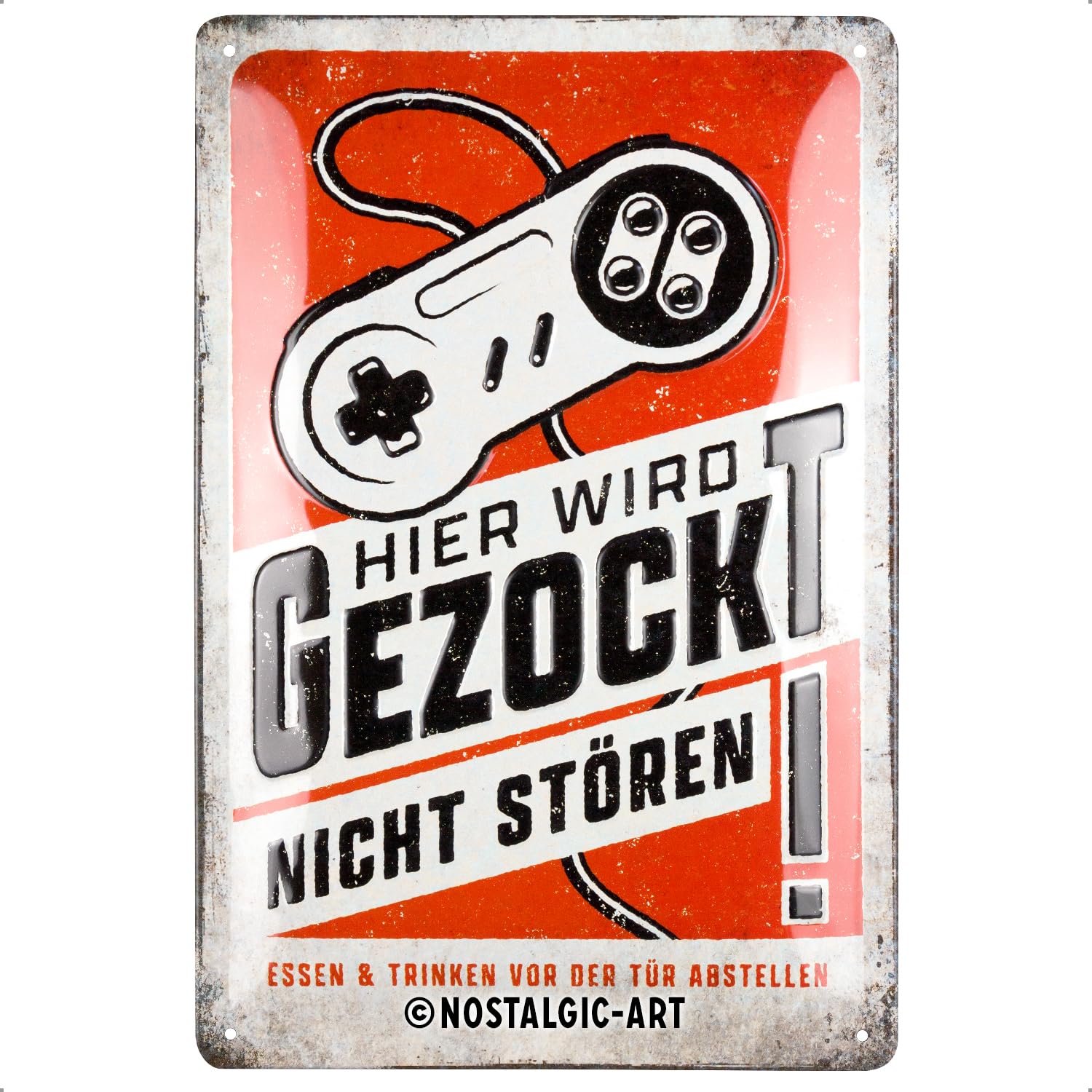 Nostalgic-Art Retro Tin Sign, 20 x 30 cm, Hier wird gezockt – Gift Idea for Gamers, Made of Metal, Vintage Design with Saying, Tin Signs Sayings