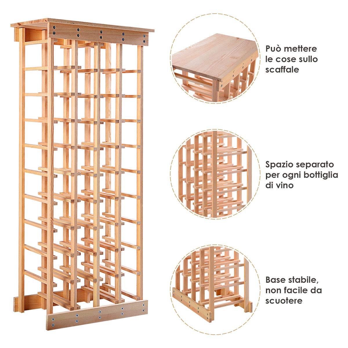 GYMAX Portabottiglie di Vino, Scaffale Porta Vino per 40 Bottiglie, Cantinetta Vino in Legno di Pino, 46,4 x 27,6 x 113 cm