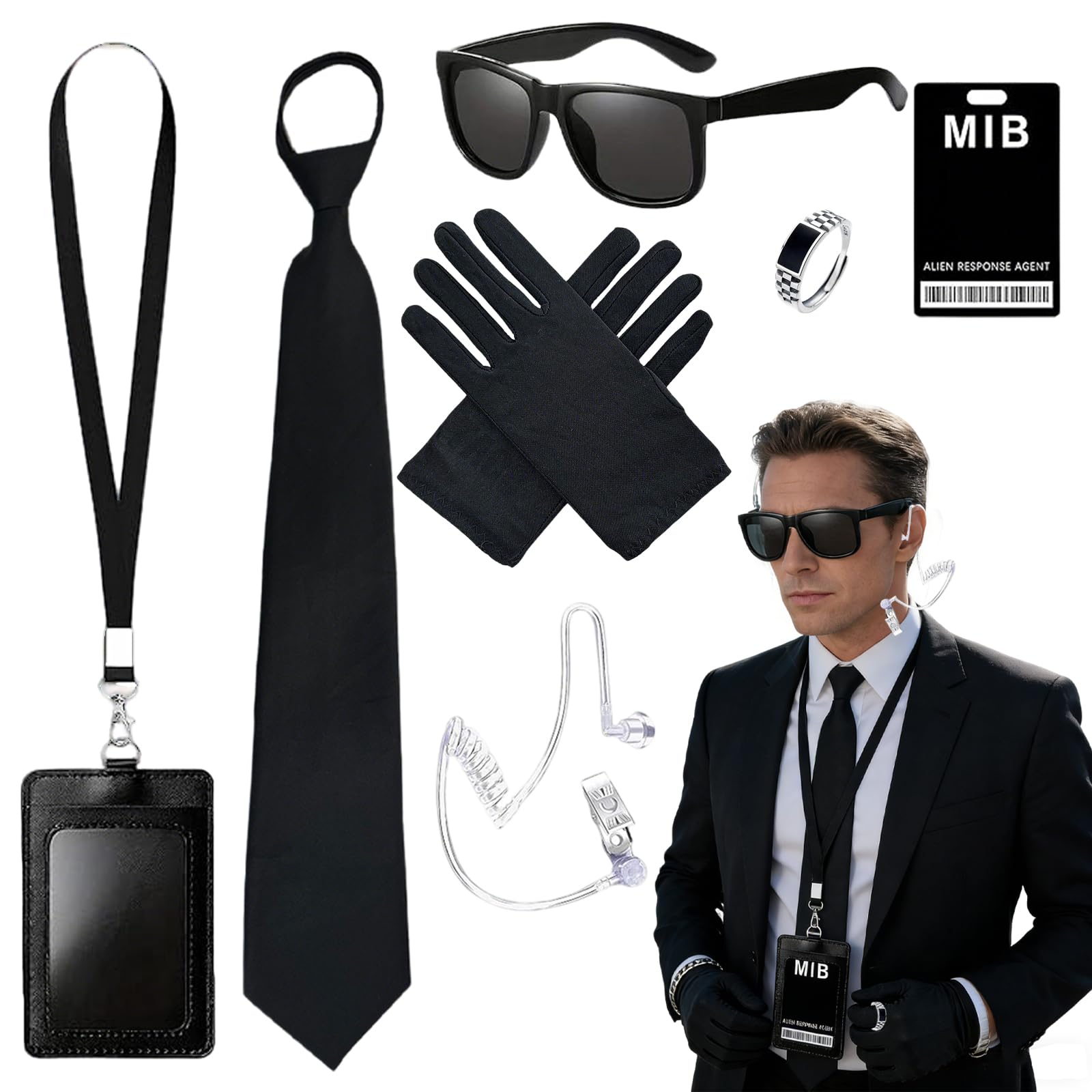 7 Pcs Agent Costume Accessories Set Secret Agent Costume Security Guard Accessories with Ties Sunglasses ID Card Holders Cords Gloves Halloween Cosplay Carnival Party Fancy Dress for Women Men
