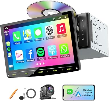 10インチの回転式ダブルディンカーステレオCDDVDプレーヤー、カープレイ&Androidオート付き。