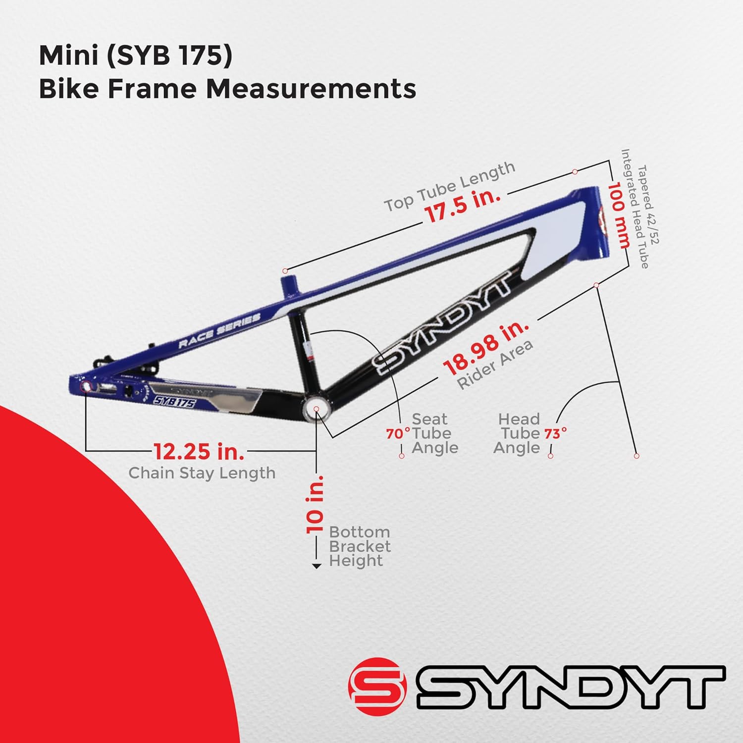 175 Mini BMX Racing Bike Frame – 17.5” Top Tube, 6061-T6 Aluminum (2.70 lbs), Tapered 38/42 Head Tube, Standard Euro BB, 10/15 mm Hubs, 140mm Disc Brake, Chain Tensioners – Bicycle Frame