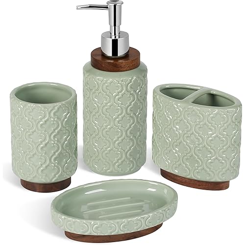 Bathroom Accessories Set 4 Pieces Toothbrush Holder Soap Dispenser Ceramic Green Bathroom Accessory Set Contain Toothbrush Cup Soap Dish Tumbler