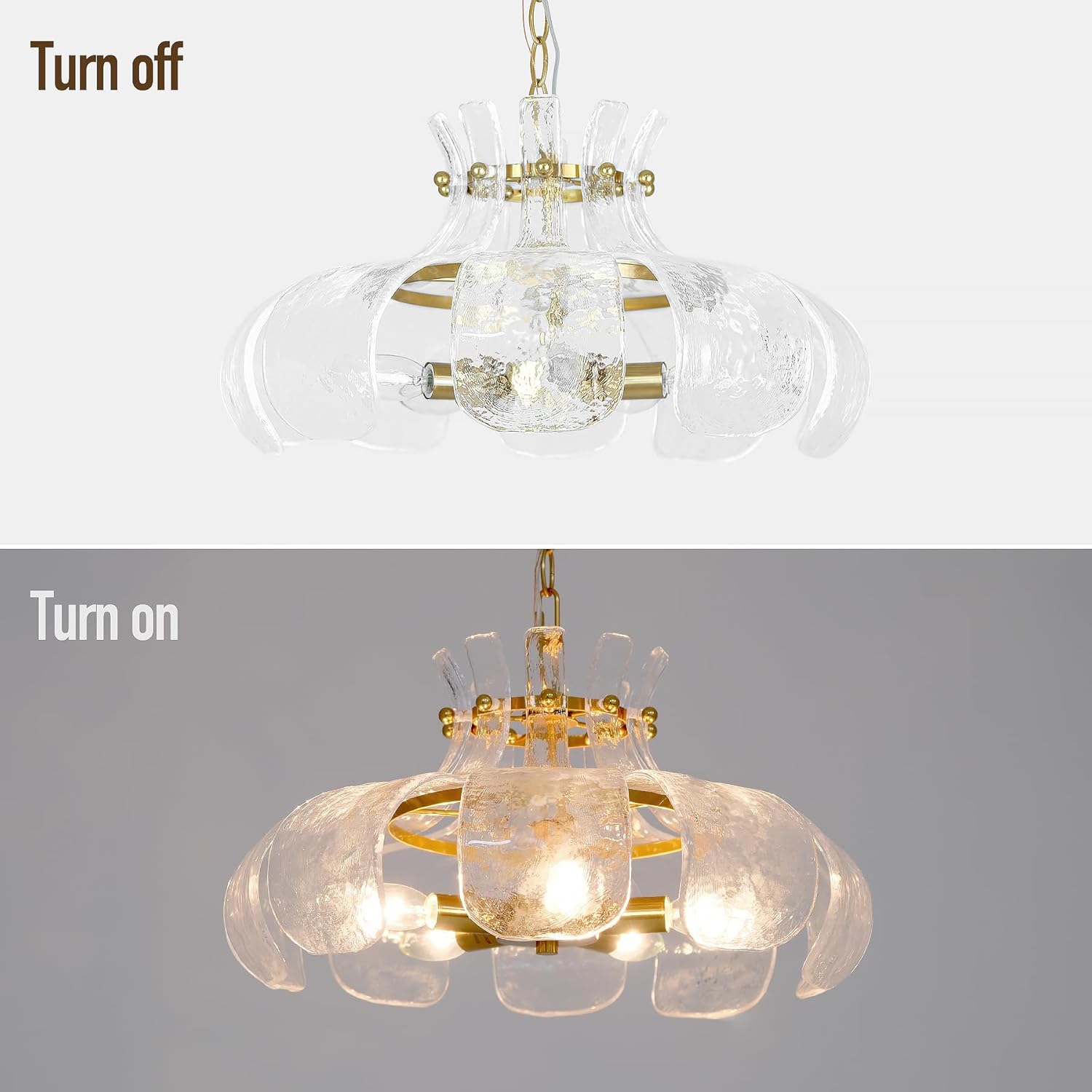 Modern Hammered Glass Chandelier, 18" Luxury Hand-Blown Glass Pendant Brass Gold Hanging Lighting Fixture for Kitchen Island Dining Living Room Entryway, E12 Base (Gold & Clear Hammered Glass)