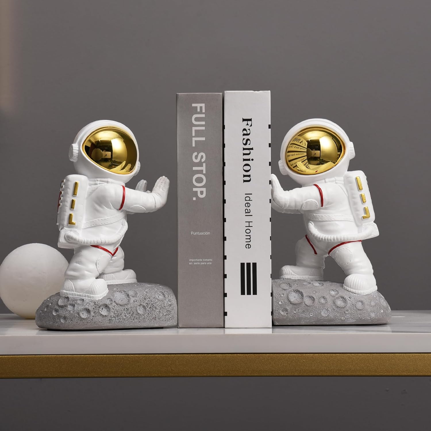 Space Decor Bookends, Resin Astronaut Bookshelf Ends for Kids Rooms Gold Book Ends for Heavy Books Fun Heavy Duty Book End Holder Astronaut Figurine Statue for Office Home Room(D-Gold)