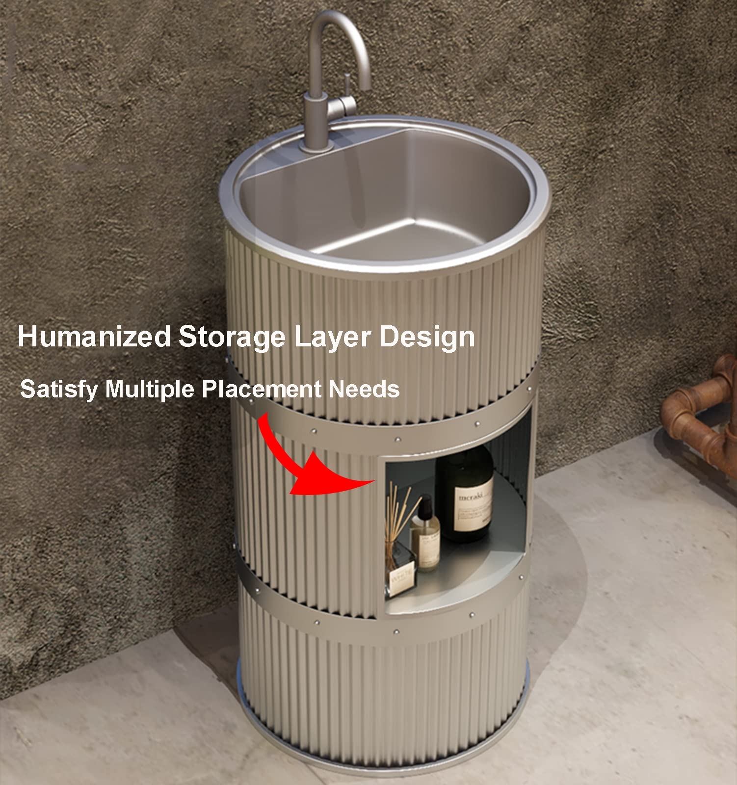 ZTGL Lavandino a Colonna Moderno in Ferro Battuto, Mobile da Bagno con Lavabo in Acciaio Inox, Lavandino su Piedistallo Freestanding Set con Rubinetto e Scarico