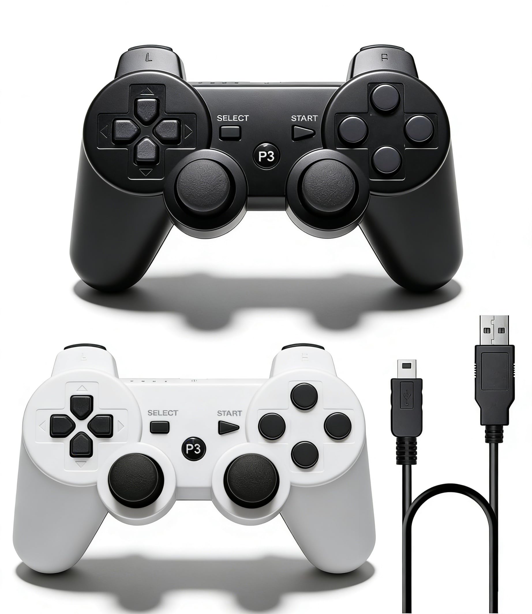 PS-3 Controller 2 Pack, Dual Shock 3 Wireless Gamepad Joystick for PlayStation 3, Compatible with PS-3 Console, Ergonomic Design, Rechargeable Battery, Vibration Feedback - 2 Controllers in Set