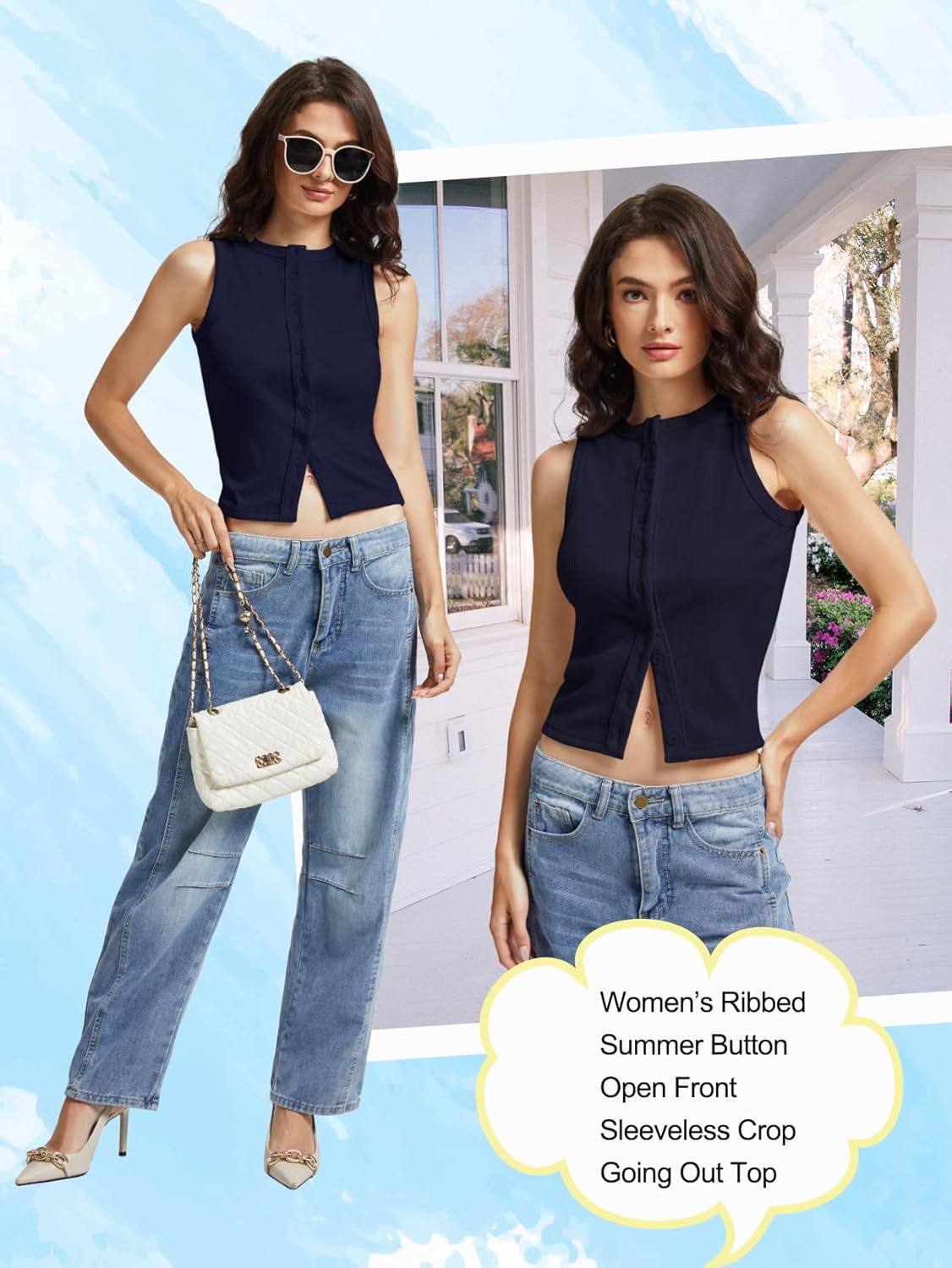 Women’s Button Down Tank Tops Sleeveless Ribbed Crop Summer Button Up Crewneck Vest Shirt Going Out Slim Fit Tops - Image 3