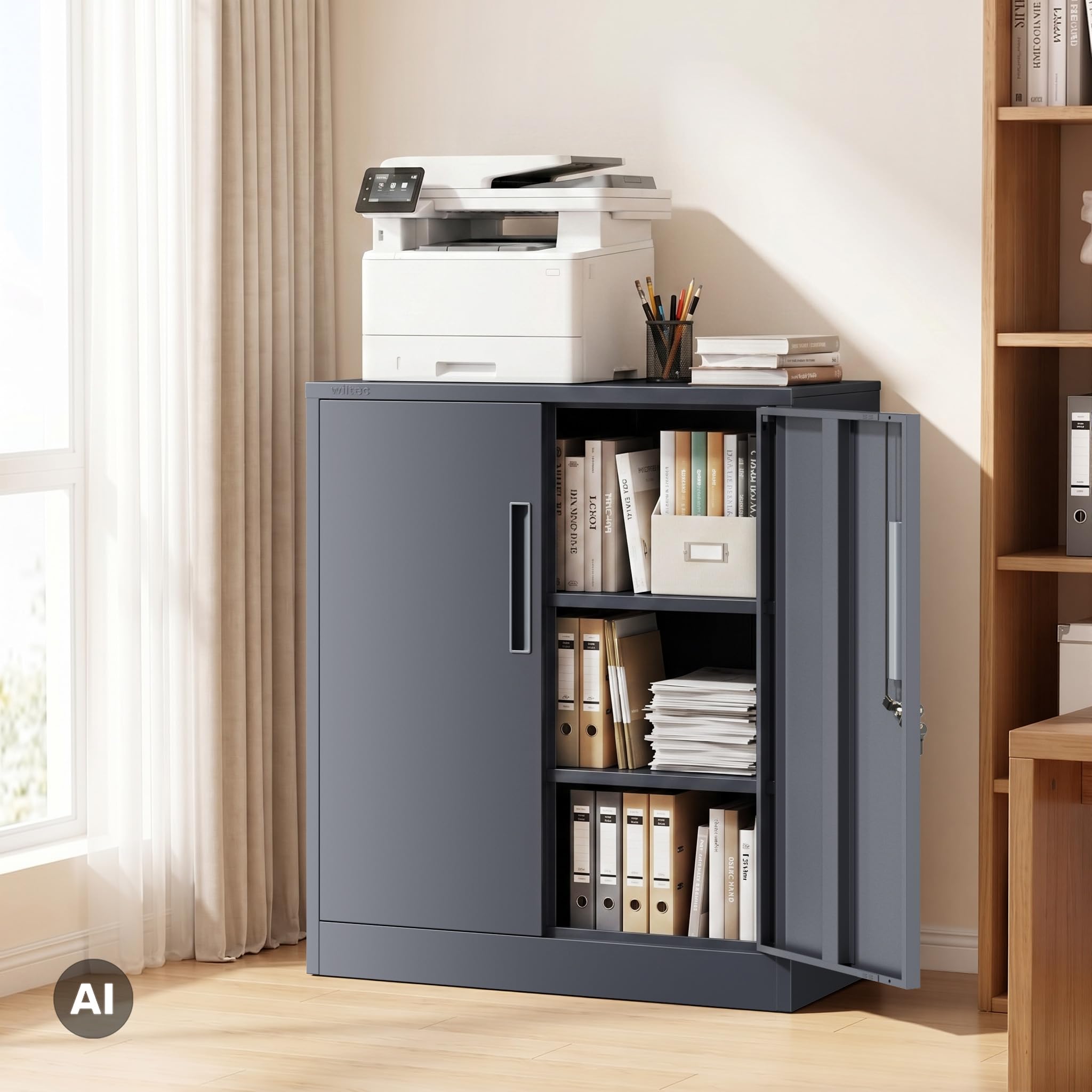 Wiltec Mobile per archivio in acciaio 80 x 40 x 92 cm antracite, armadio da ufficio in metallo con serratura e 2 ripiani, portadocumenti ufficio con portata di 50 kg per ripiano