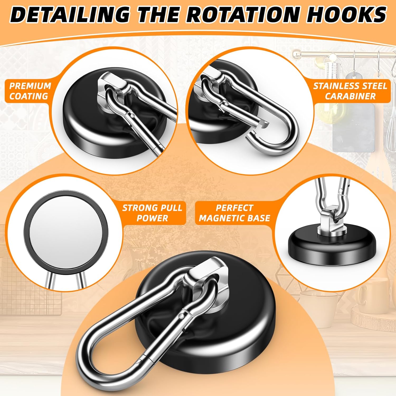FINDMAG Heavy Duty Magnetic Hook, 150LBS+ Strong Black Magnetic Carabiner with Hooks, Neodymium Magnets Hooks for Hanging, Magnets with Swivel Carabiner Hook for Cruise Cabins, Home, Garage, 10 Pack