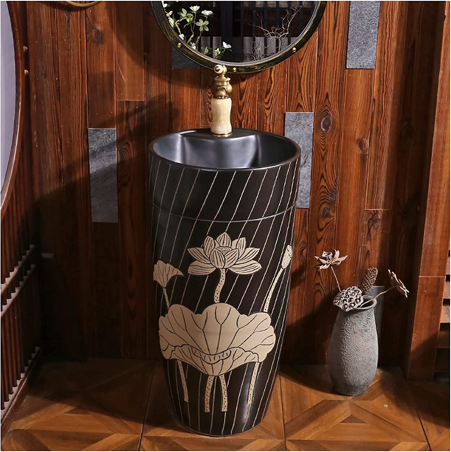 WDSOPK Freestanding Pedestal Sink Hotel Bathroom Basin, Lavatory Sink, Art Toilets Basins Handmade with Drain Installation Hole, for Indoor and Outdoor (D With mirror)