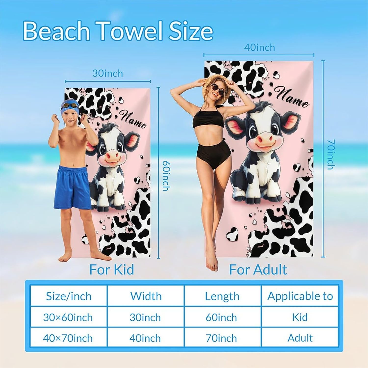 Beach Towel for Girls, 40”x70” Custom Cow Towels for Kids Adults Beach Gym Pool Bathroom Outdoor Hotel, Cute Beach Essential