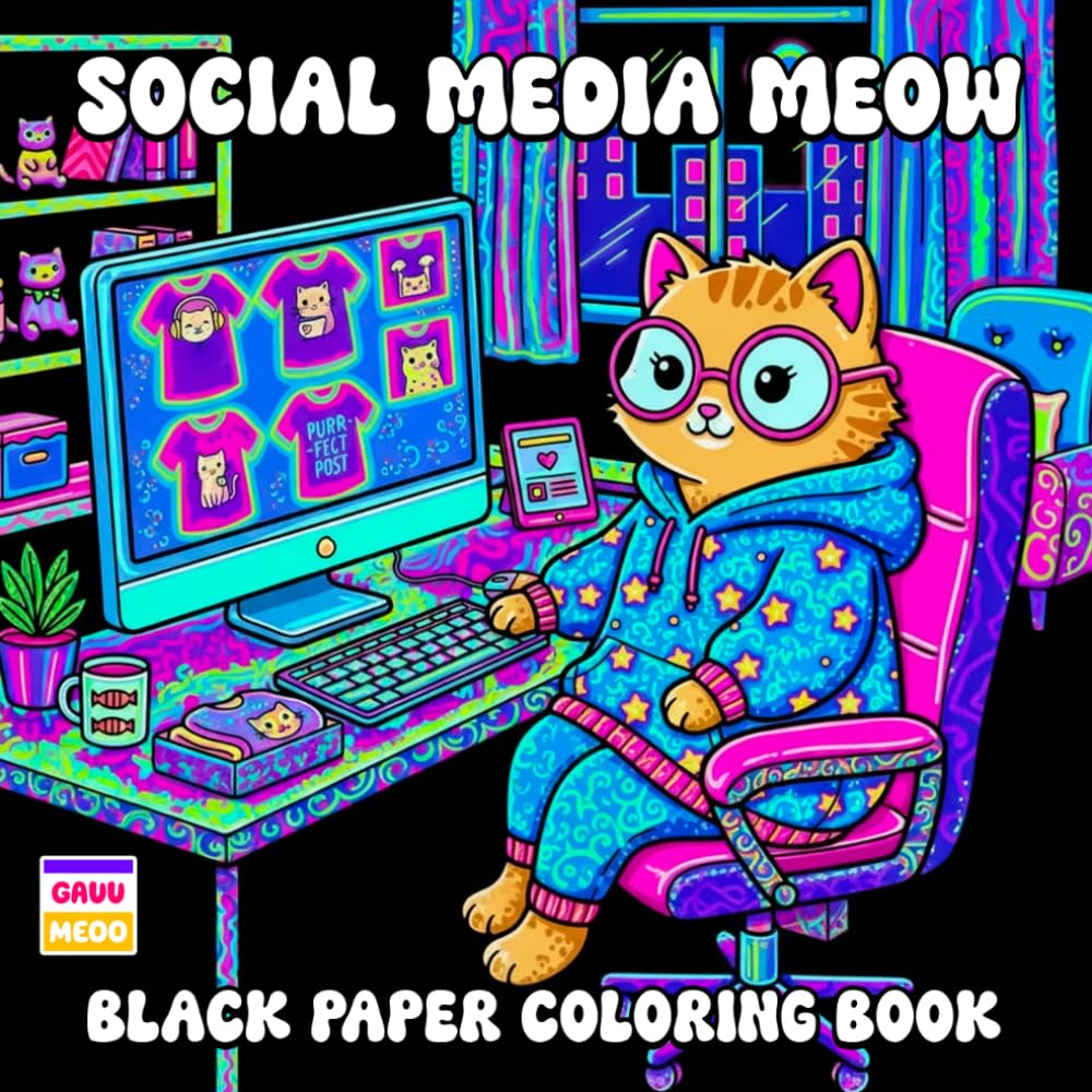 Social Media Meow Black Paper Coloring Book: Stylish Kitty Selfies, Playful Social Themes, and Bold Cat Art