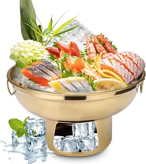 Stainless Steel Chilled Serving Trays for Parties, 8.6 in Ice Chilled Party Platter Hotpot with Ice Underneath, Cold Food Buffet Server Container Dish for Fruit Salmon Snack Shrimp (Gold)