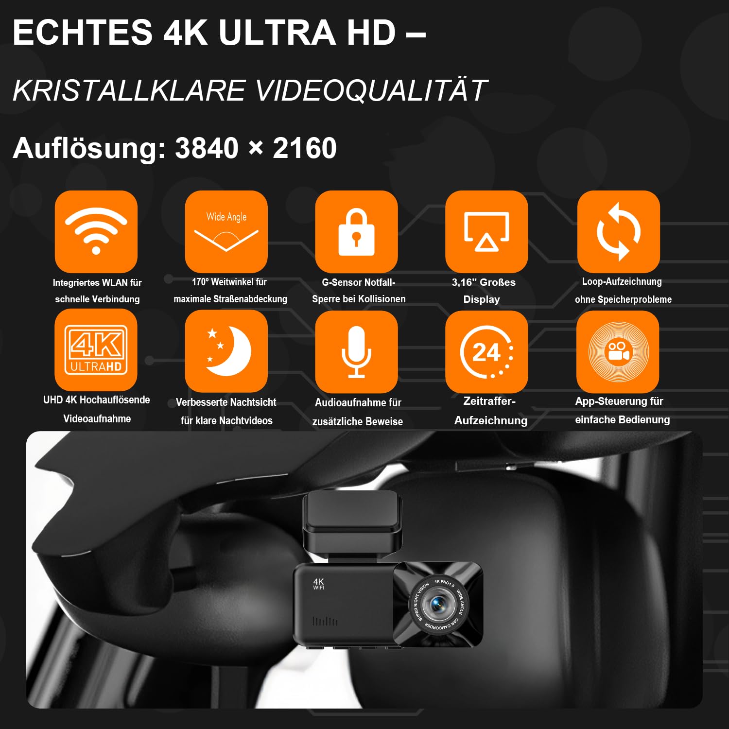 Osmo-s Dashcam Pro 2.0 Verbesserte Version 2026 4K Dashcam Auto Vorne Hinten mit GPS Tracking, WLAN & App, 170° Weitwinkel, 24h Parküberwachung, G-Sensor, Loop Aufnahme, Hardware-Kit & Auto Ladegerät