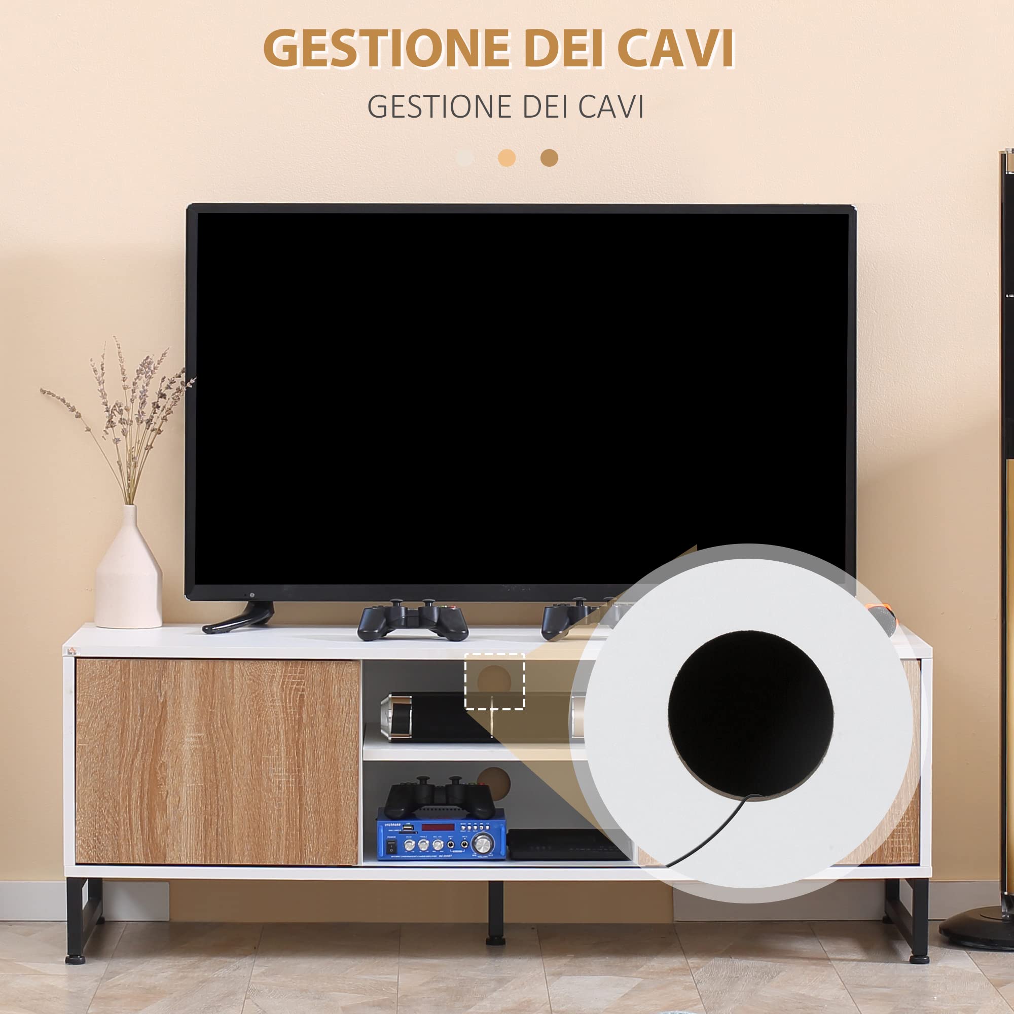 HOMCOM Mobile TV per Modelli fino a 50" max, Mobile TV Moderno in Truciolato e Acciaio con 2 Ripiani Aperti e 2 Armadietti Chiusi, 120x39.5x45 cm