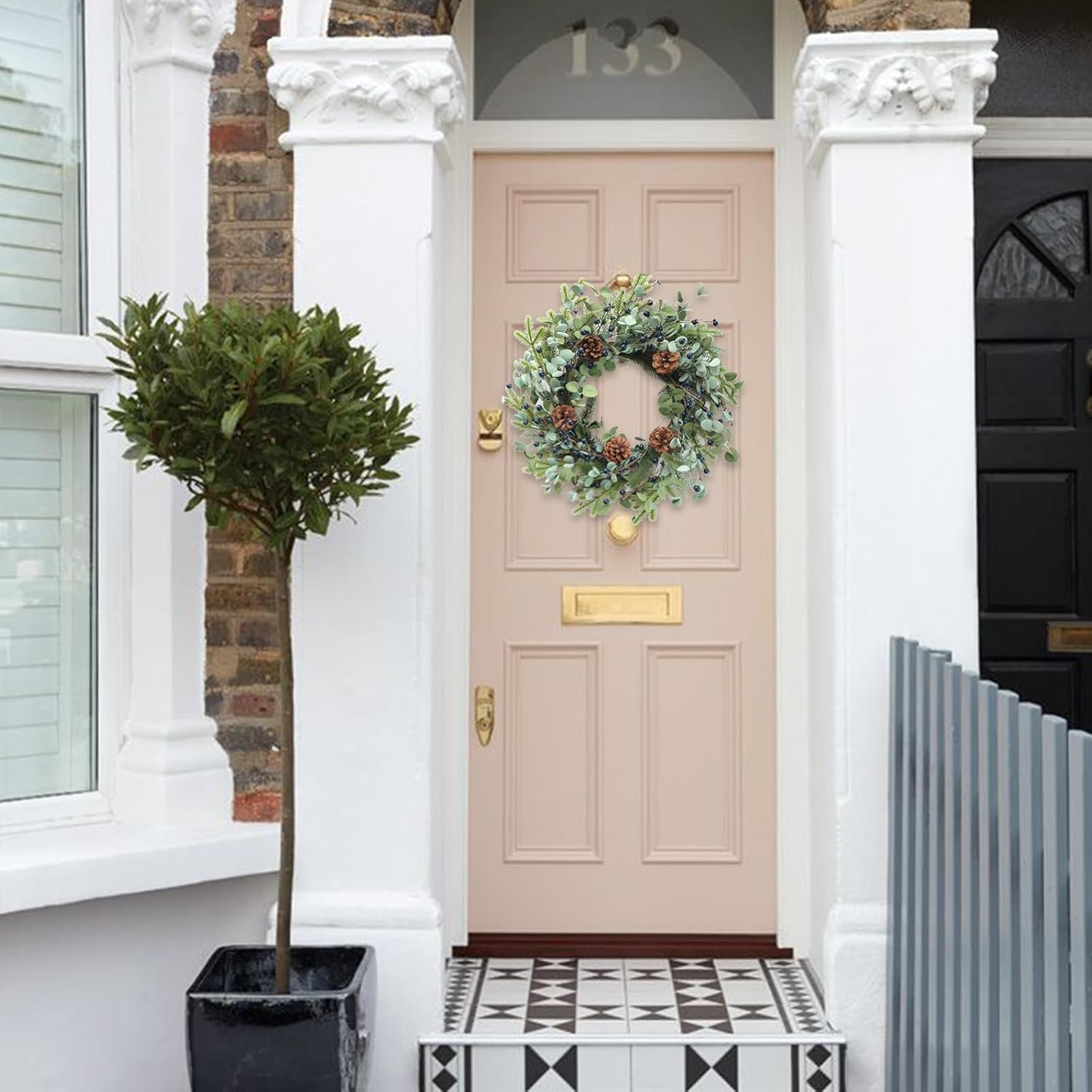 Idyllic Eucalyptus Wreath for Front Door,20" Blue Berries Christmas Wreath with Pine Cones, Decorations for Everyday Farmhouse Window Outdoor/Indoor