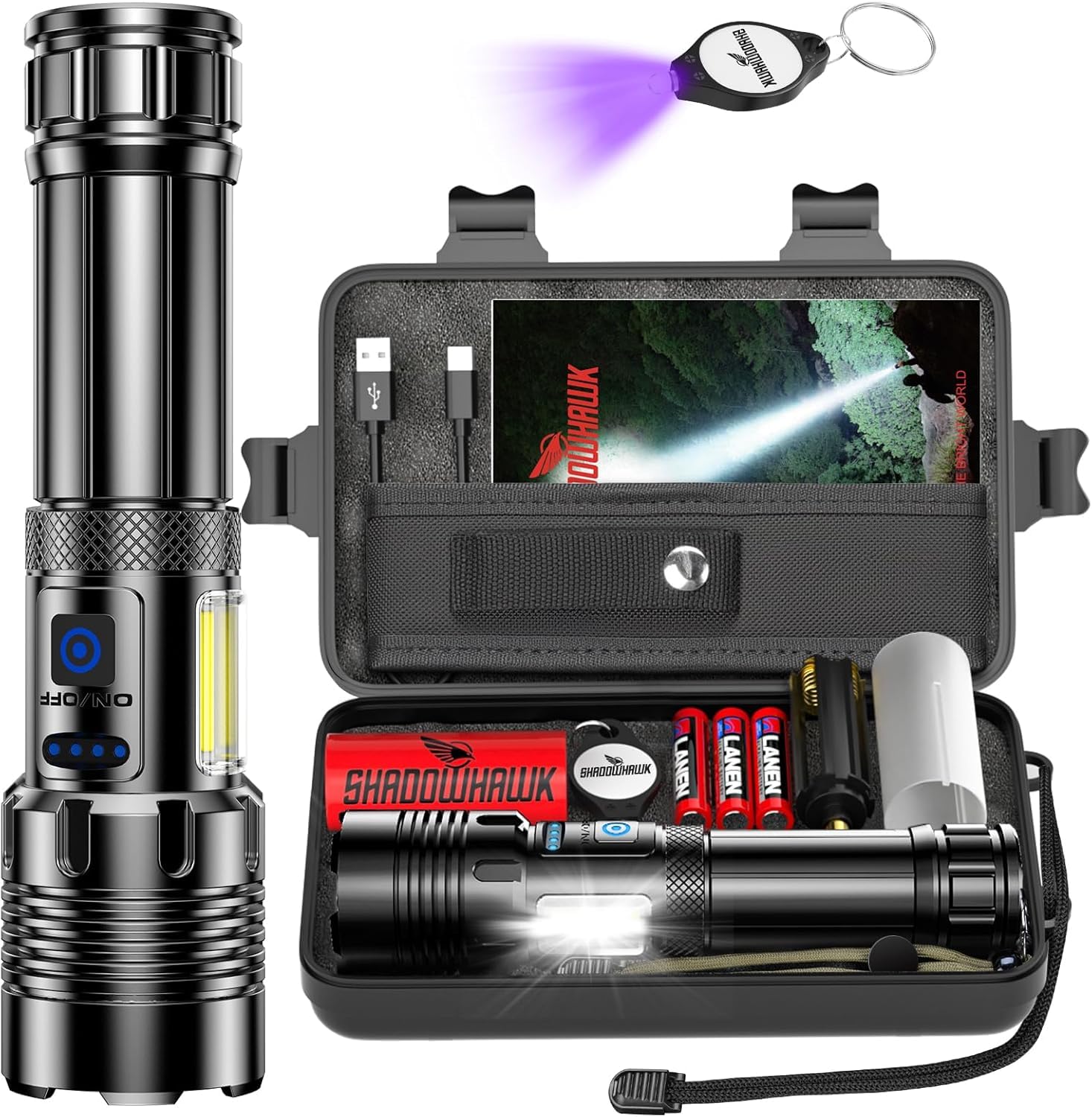 Shadowhawk Flashlights Rechargeable 990000 High Lumens - 30W Tactical LED Flash Light | 7 Modes with COB Light, XHM90.2 Super Bright Torch Light Battery Powered, Waterproof Lampe de Poche for Camping