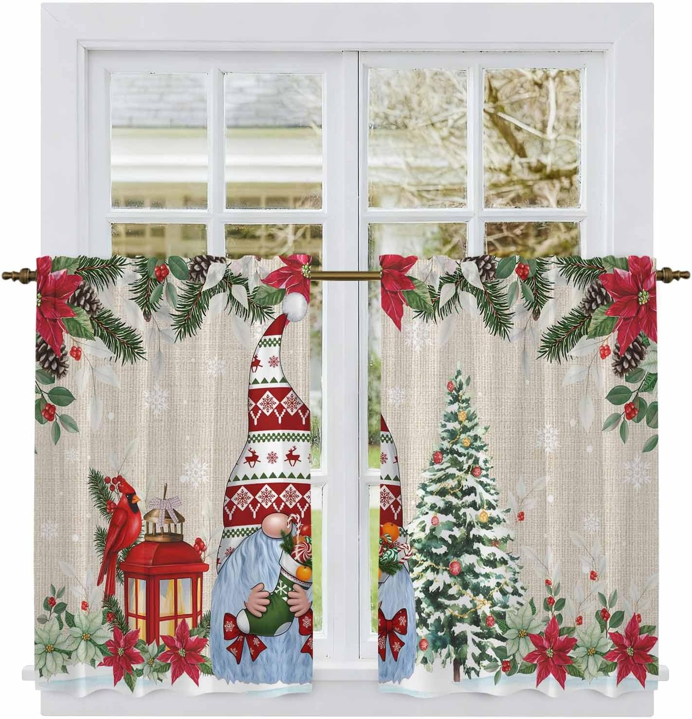 Beige Christmas Kitchen Tier Curtains 45 Inch Long 2 Panel Set,Rod Pocket Short Window Treatment,Xmas Tree Gnomes Poinsettia Snowflake Curtains & Drapes for Bathroom Basement 27.5"W x 45"L