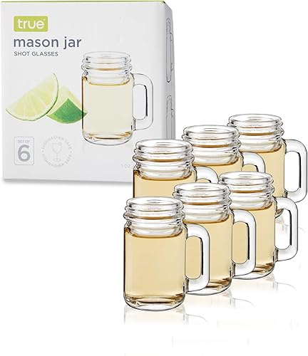 True Mason Jar - Vasos de chupito, reutilizables en forma de mini tarro Mason con asas, vasos de chupito para fiesta, juego de 6, 1 oz.