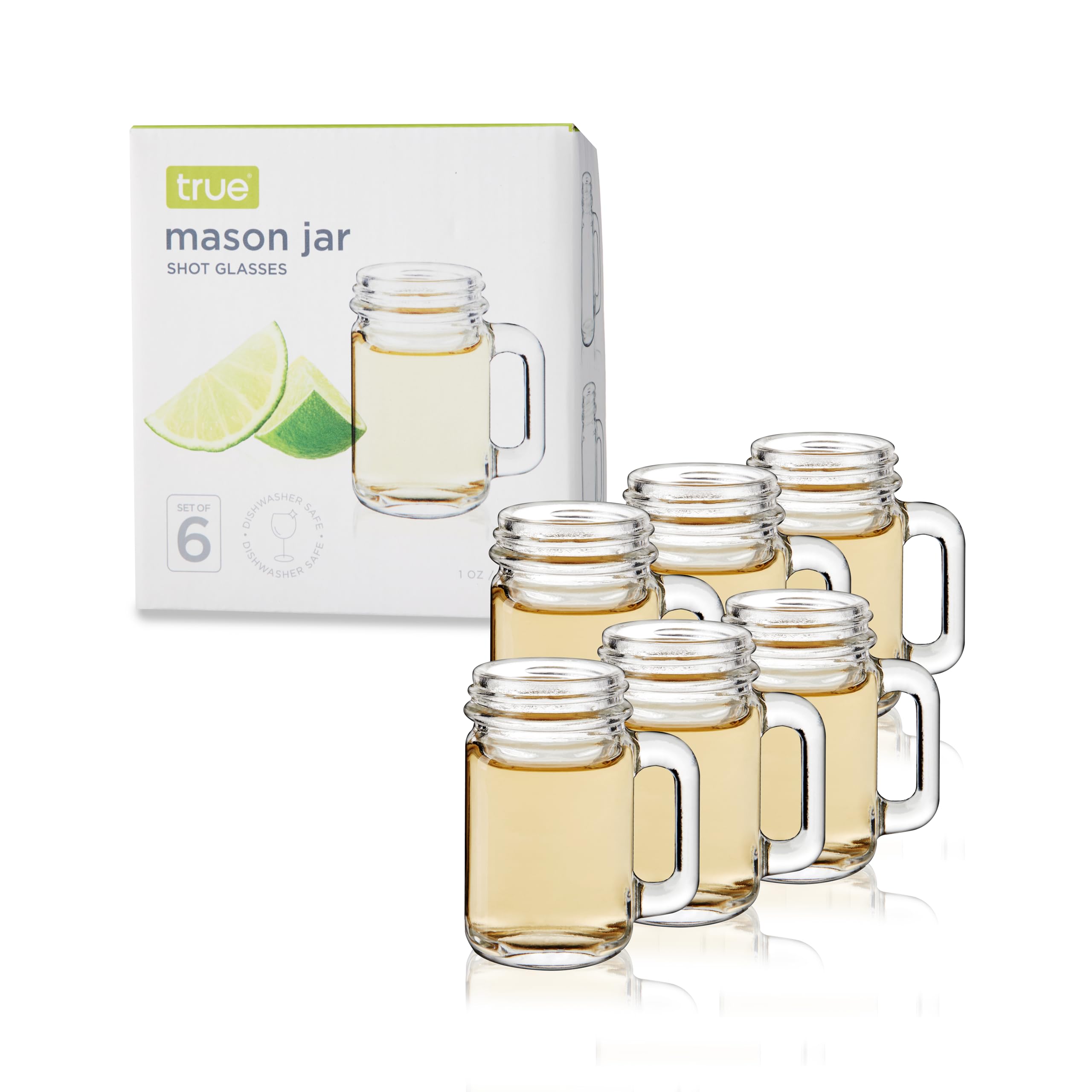 True Mason Lot de 6 mini verres à shot réutilisables en forme de bocal Mason avec poignées, 30 ml