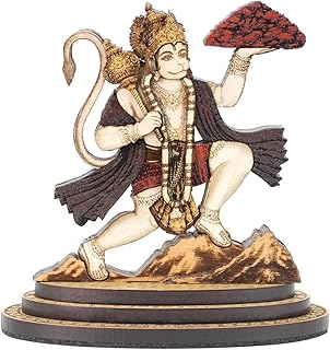 3.5 Inch Mahavir Hanuman Wood Carved Statue in Exotic Hard Woods - Multi Layered Hand Made Wooden Hindu God Bajrang Bali Idol for Car Dashboard, Home, Office, and Travel