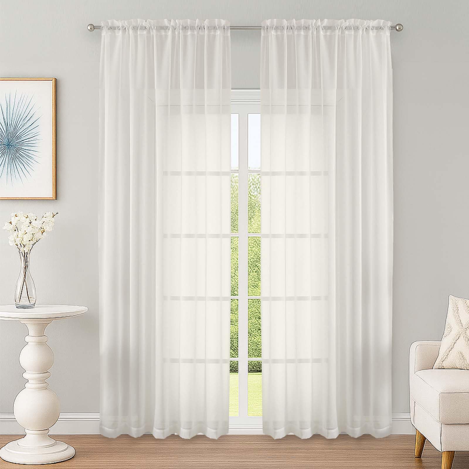 Ivory Sheer Curtain 90 Inches Long 2 Panels Set, Solid Filmy Drapes for Living Room Bedroom, Elegant Window Voile Sheer Curtain Panels Drapes, 2 Pcs, Each 59W x 90L Inch