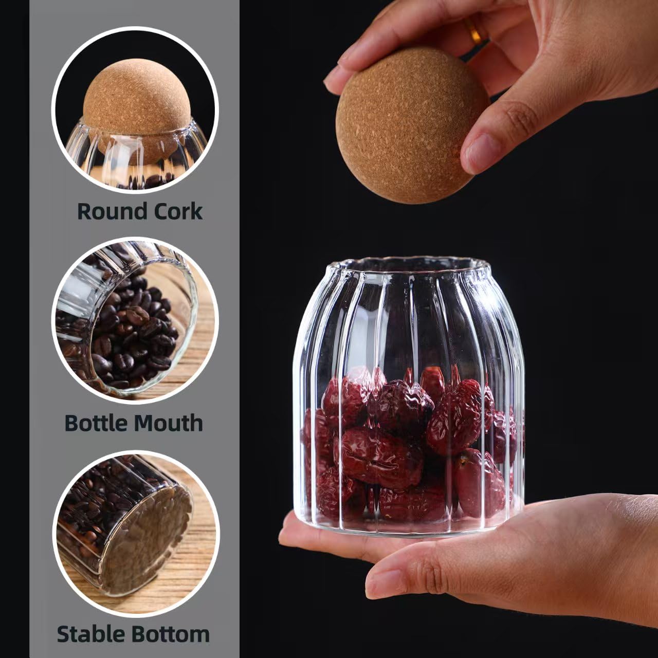 Vorratsdose aus Glas mit Kugelkorkendeckel, klare Glasdosen mit Korkkugel, niedliche dekorative runde Glasflaschen mit luftdichtem Holzdeckel für Gewürze, Zucker, Salz, Tee, Nüsse, Kaffeebohnen (4