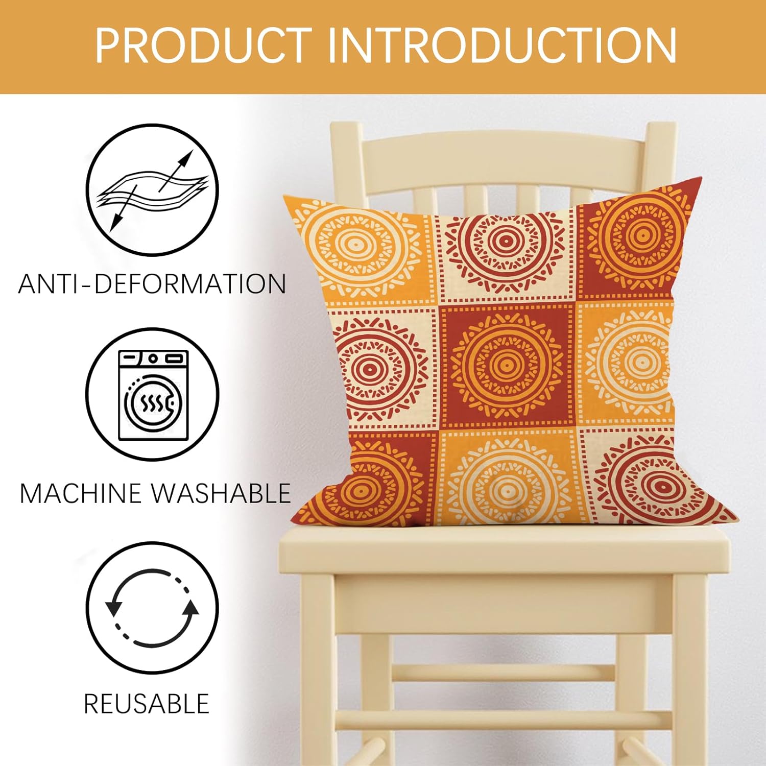 Boho Yellow Orange Mandala Decorative Throw Pillow Covers 18 x 18 Set of 2, Bohemian Vintage Abstract Circular Floral Porch Outdoor Home Decor, Geometric Flower Ethnic Sofa Couch Cushion Case - Image 3