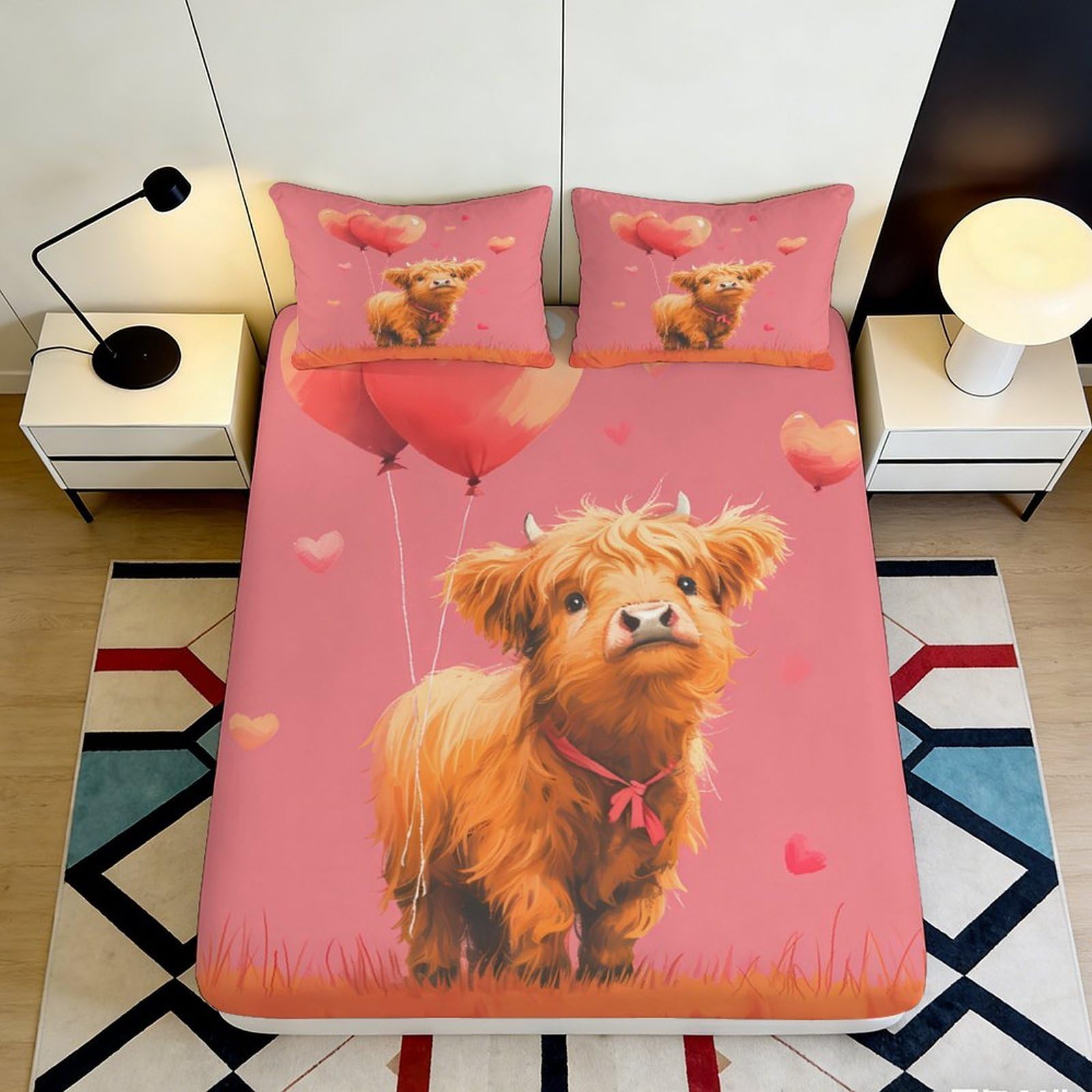 3D Printed Cute Highland Cow Fitted Sheet Microfiber Soft Breathable Heart Balloon Bed Sheet for Bedroom Dormitory Guest Room Mattress Protection Decor 120x200x25cm