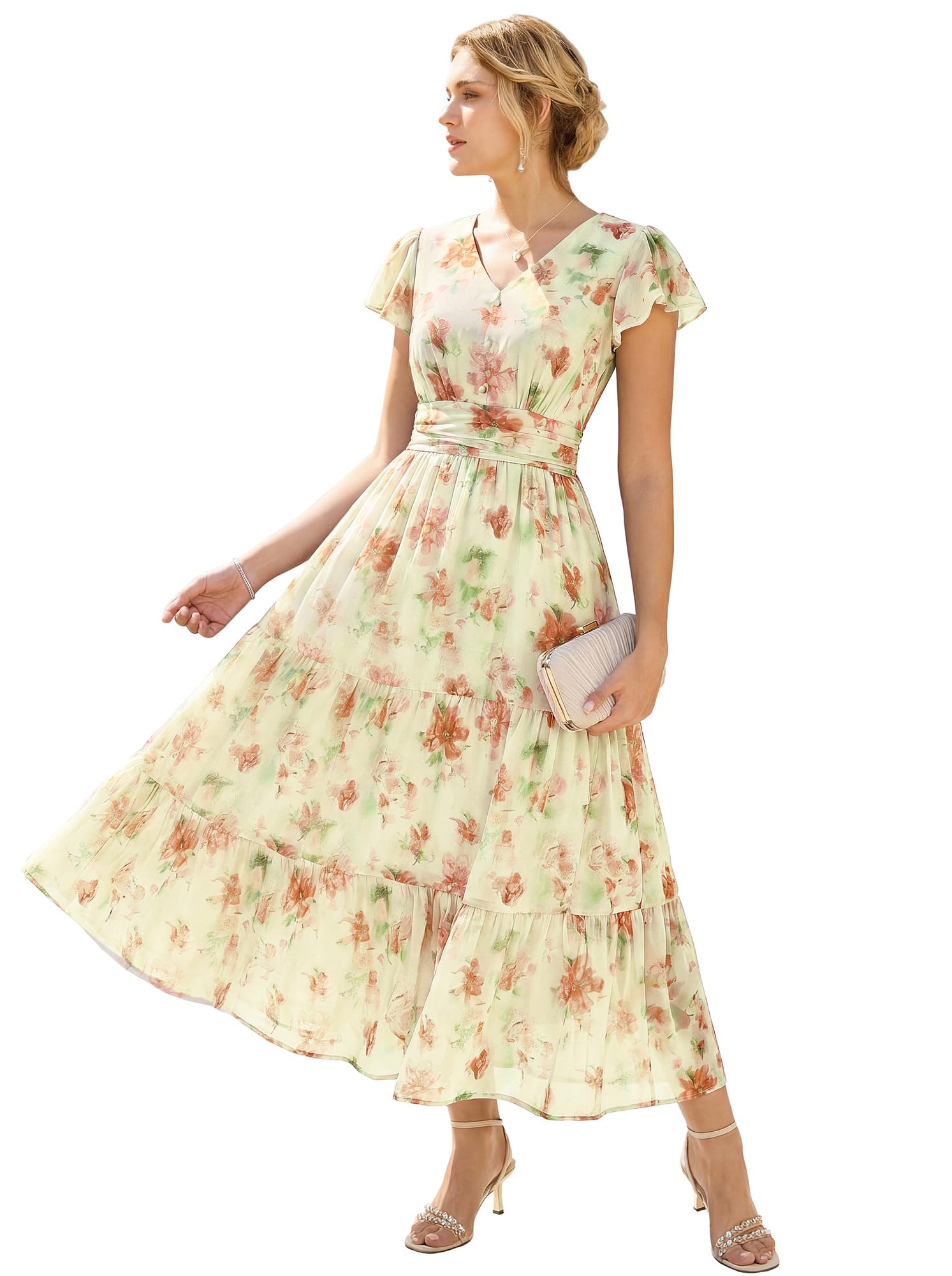 GRACE KARIN Vestido de verano para mujer con mangas con volantes, cuello en V, línea A, con bolsillos
